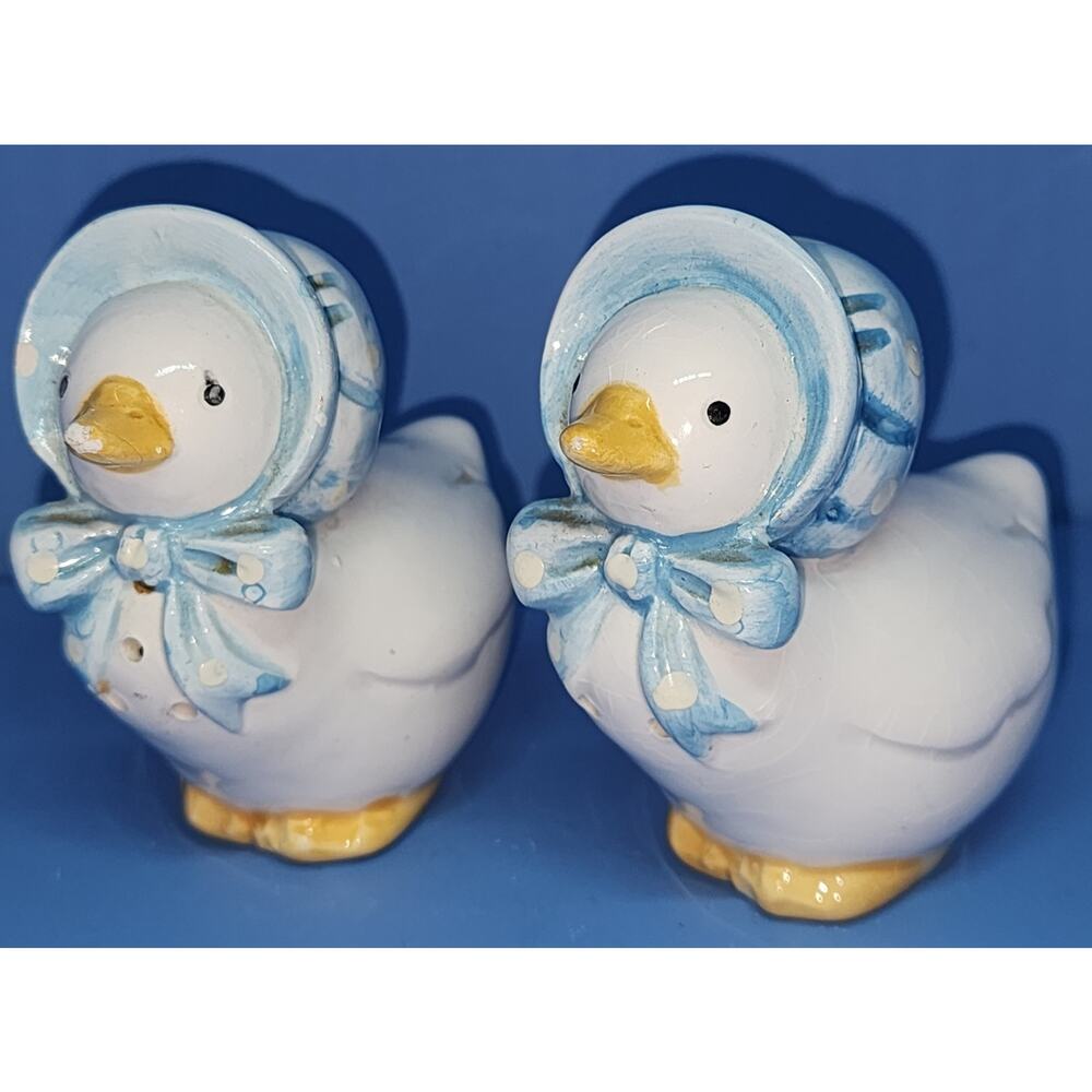FLAW READ: Goose / Duck in Blue Bonnet Salt And Pepper Shakers Set Vintage 80's